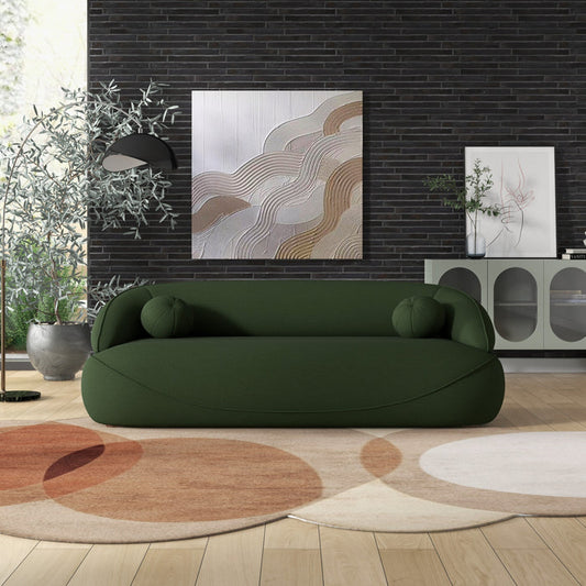 Modern Curved Boucle Sofa 84” – in room setting