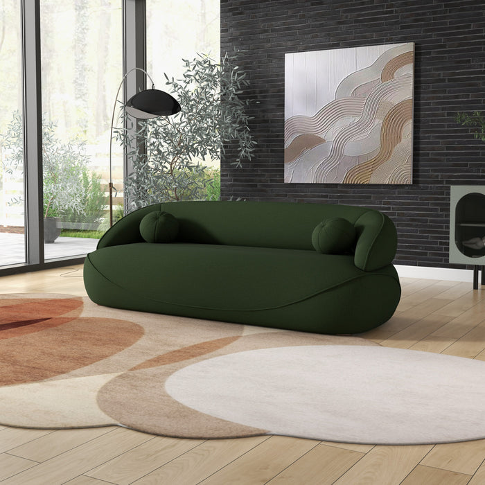 Modern Curved Boucle Sofa 84” – in room setting