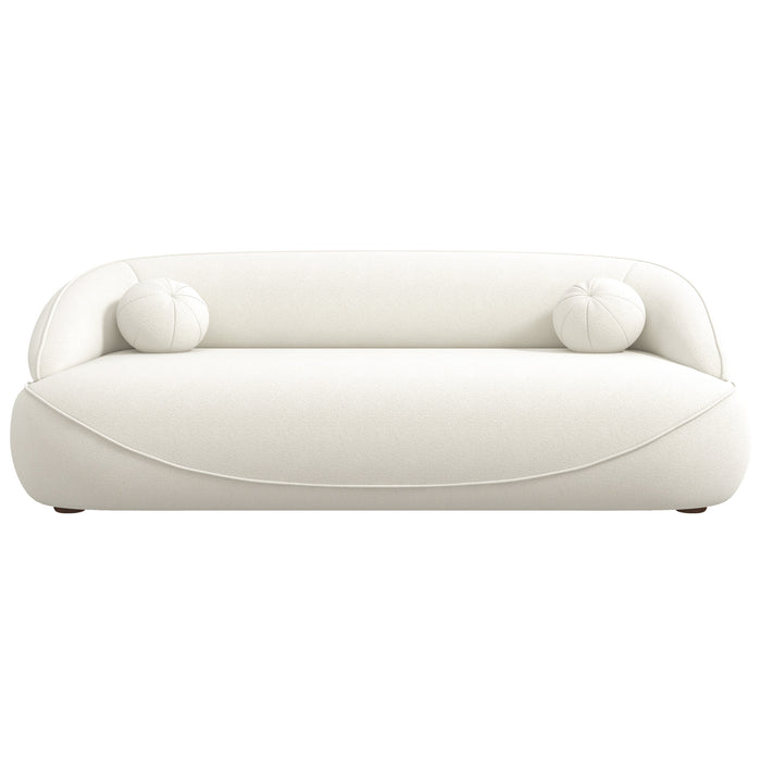 Modern Curved Boucle Sofa 84” (3 Colors) – Andrew Minimalist Sculptural Couch in white fabric with soft curves.