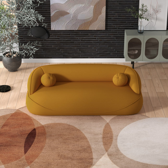 Modern Curved Boucle Sofa 84” – in room setting