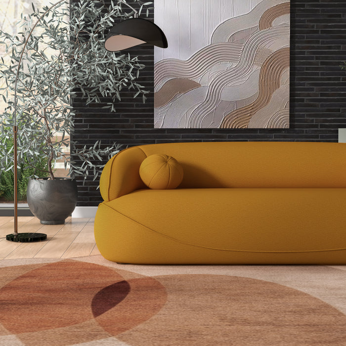 Modern Curved Boucle Sofa 84” (3 Colors) – Andrew Minimalist Sculptural Couch in a stylish living room setting.