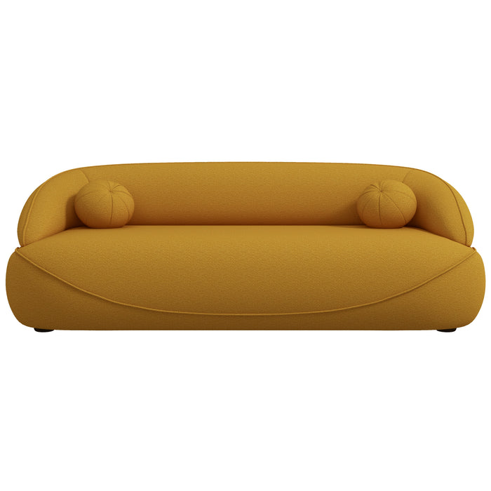 Modern Curved Boucle Sofa 84” (3 Colors) – Andrew Minimalist Sculptural Couch in vibrant yellow upholstery.