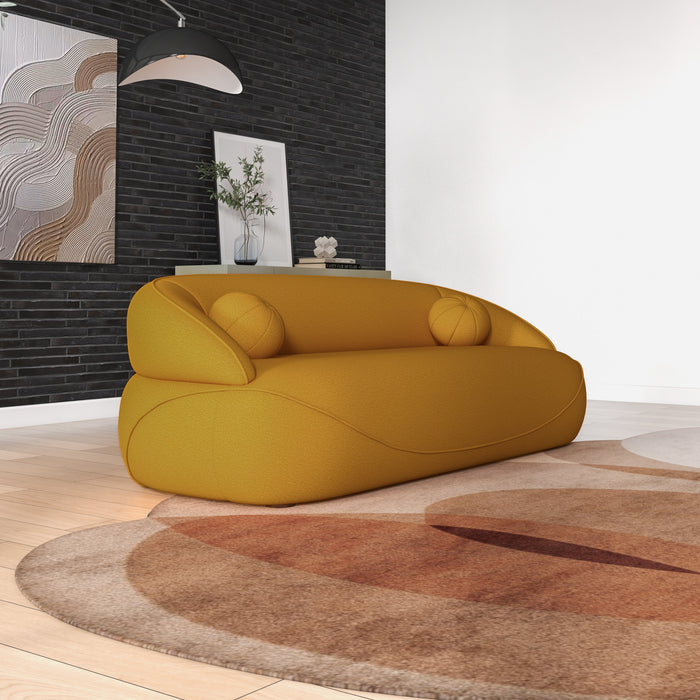 Modern Curved Boucle Sofa 84” (3 Colors) – Andrew Minimalist Sculptural Couch in a vibrant yellow hue.