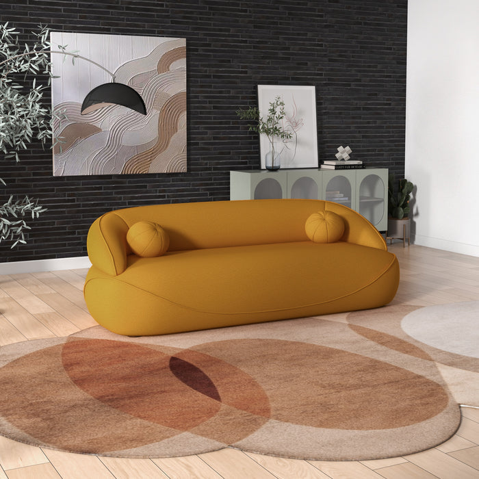 Modern Curved Boucle Sofa 84” – in room setting
