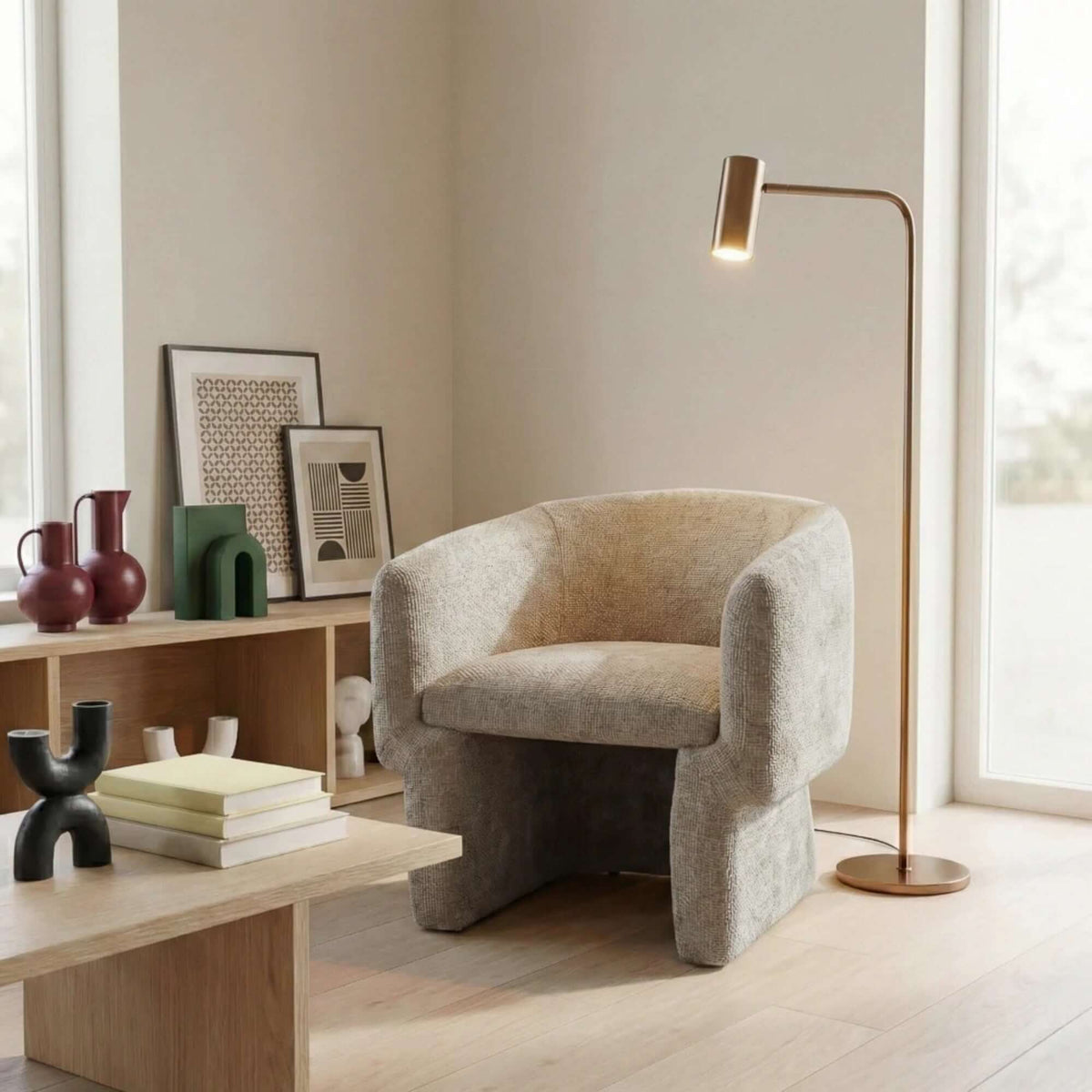 Wichita Chenille Lounge Chair – Modern Curved Accent Chair (Brown or Gold) in a stylish living room setting.