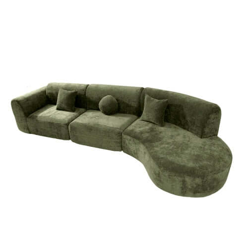 Modern Curved Sectional Sofa – 140” Compression Foam 3-Piece Chaise Sectional (Right Facing) in green fabric