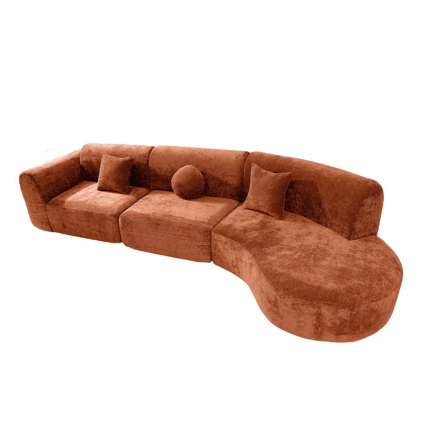Modern Curved Sectional Sofa – 140” Compression Foam 3-Piece Chaise Sectional (Right Facing) in rich orange upholstery.