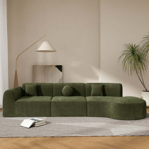 Modern Curved Sectional Sofa – 140” Compression Foam 3-Piece Chaise Sectional (Right Facing) in green velvet fabric.
