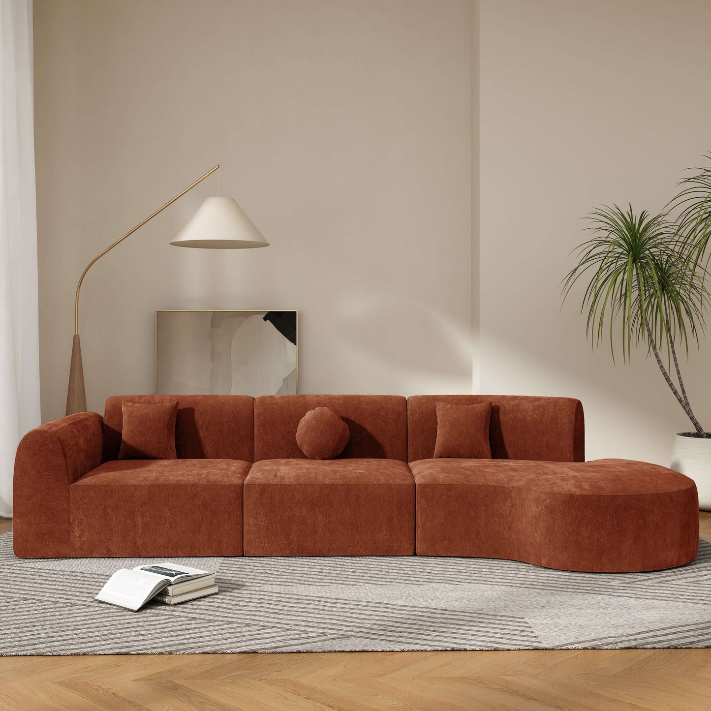 Modern Curved Sectional Sofa – 140” Compression Foam 3-Piece Chaise Sectional (Right Facing) in warm brown color.