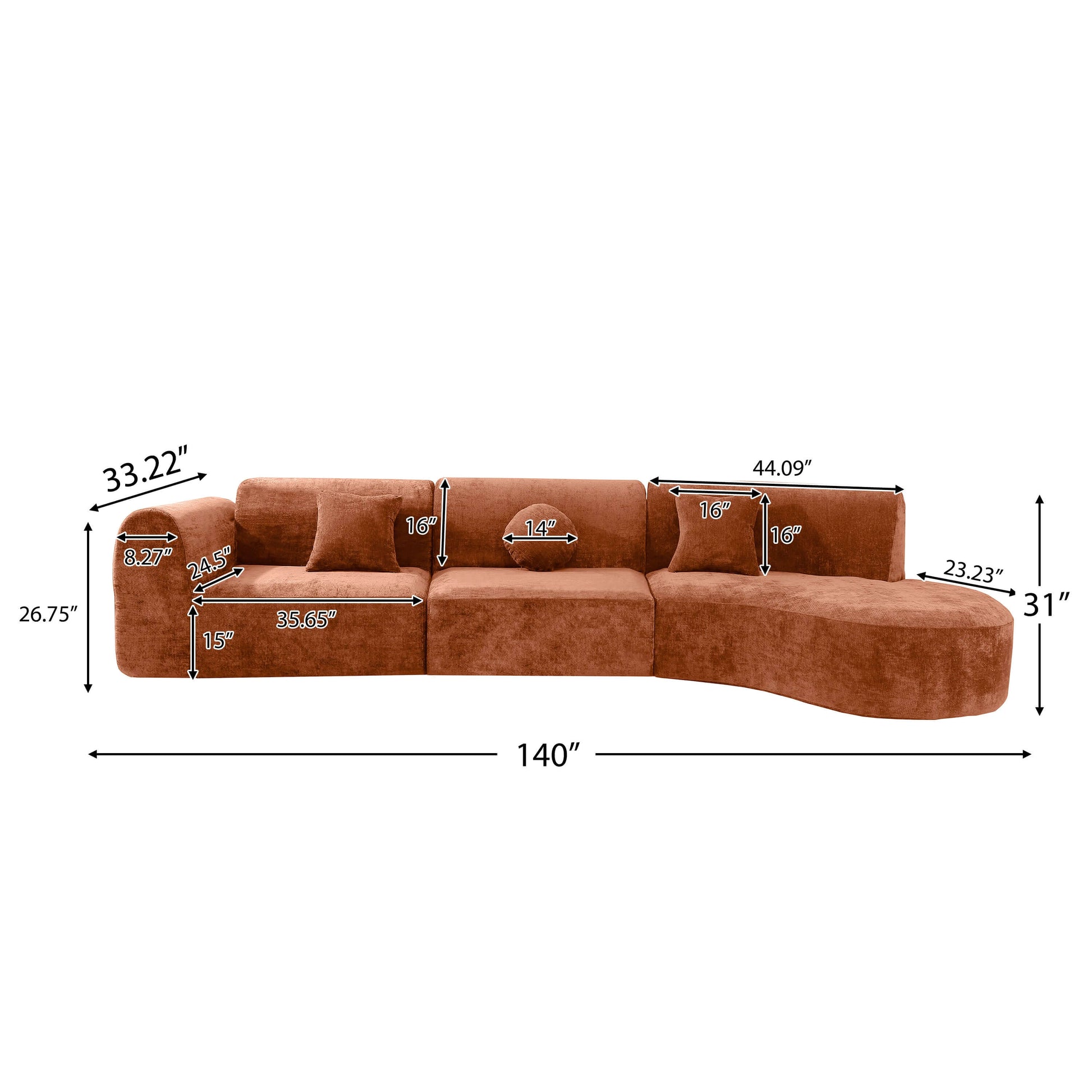 Modern Curved Sectional Sofa – 140” Compression Foam 3-Piece Chaise Sectional (Right Facing) dimensions and design layout.