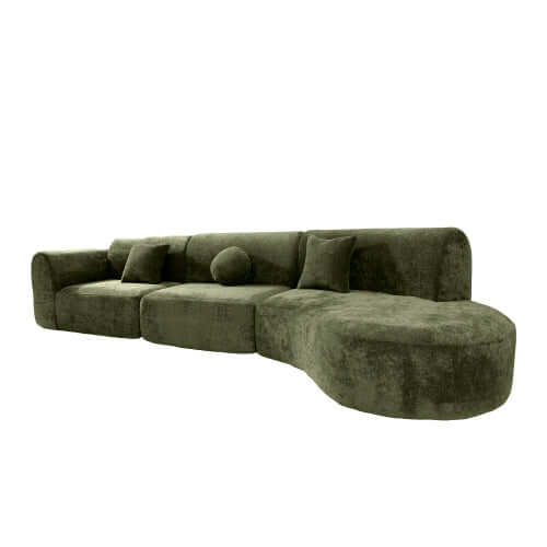 Modern Curved Sectional Sofa – 140” Compression Foam 3-Piece Chaise Sectional (Right Facing) in green fabric.