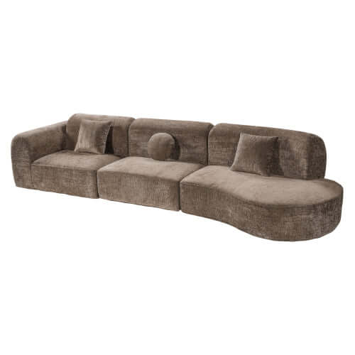 Modern Curved Sectional Sofa – 140” Compression Foam 3-Piece Chaise Sectional (Right Facing) in soft brown fabric.