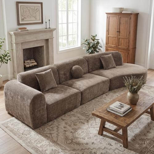 Modern Curved Sectional Sofa – 140” Compression Foam 3-Piece Chaise Sectional (Right Facing) in a cozy living room setting.