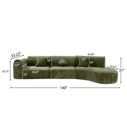 Modern Curved Sectional Sofa – 140” Compression Foam 3-Piece Chaise Sectional (Right Facing) dimensions illustration.