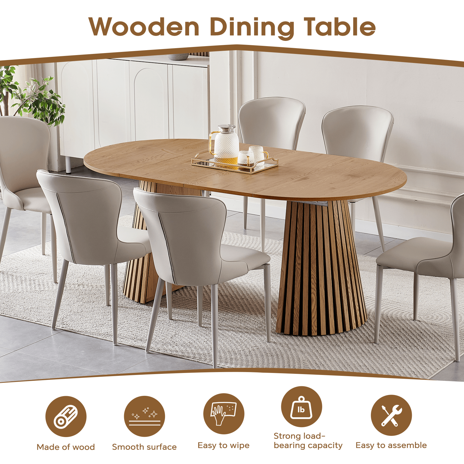 Extendable Oval Dining Table for 6 with smooth surface and elegant design, perfect for modern dining spaces.