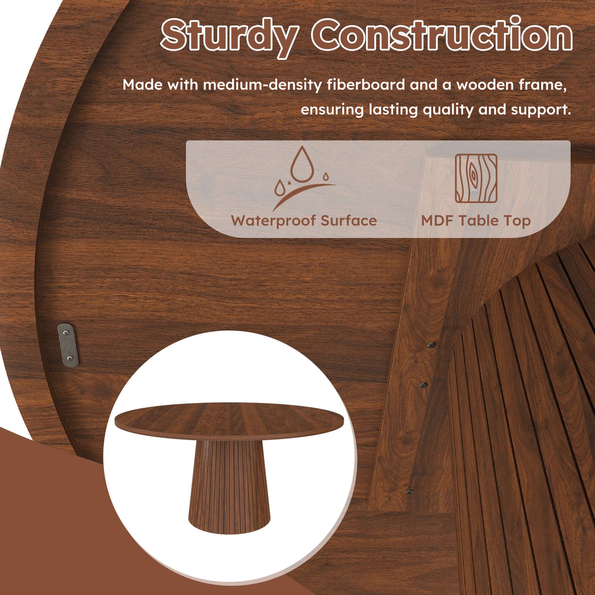47-Inch Round Walnut Dining Table for 4 – Modern Farmhouse Kitchen Table with Wood Strip Base showing sturdy construction details.