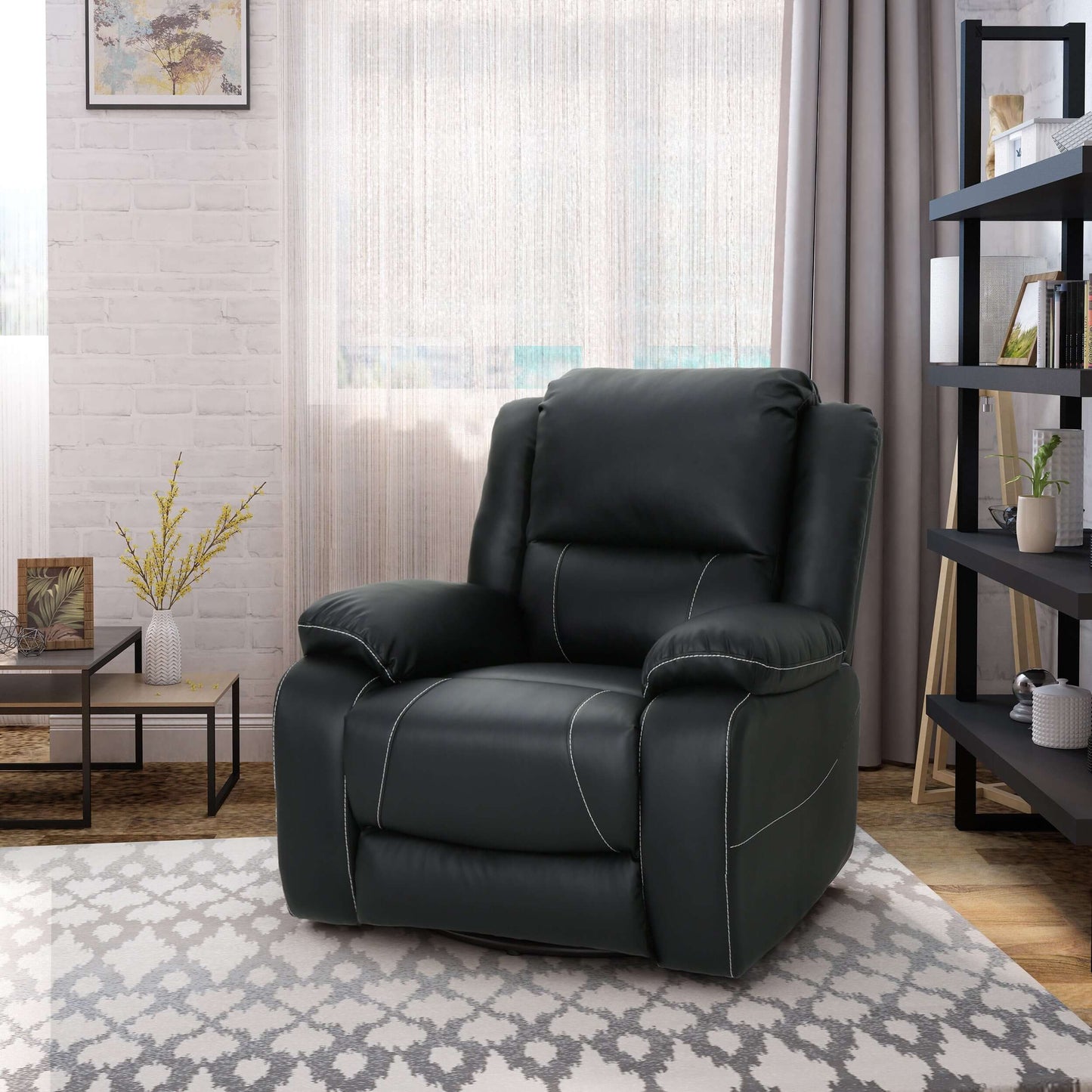 Modern Faux Leather Manual Swivel Recliner (2 Color Options) in black, offering stylish comfort and 360° rotation for any space.
