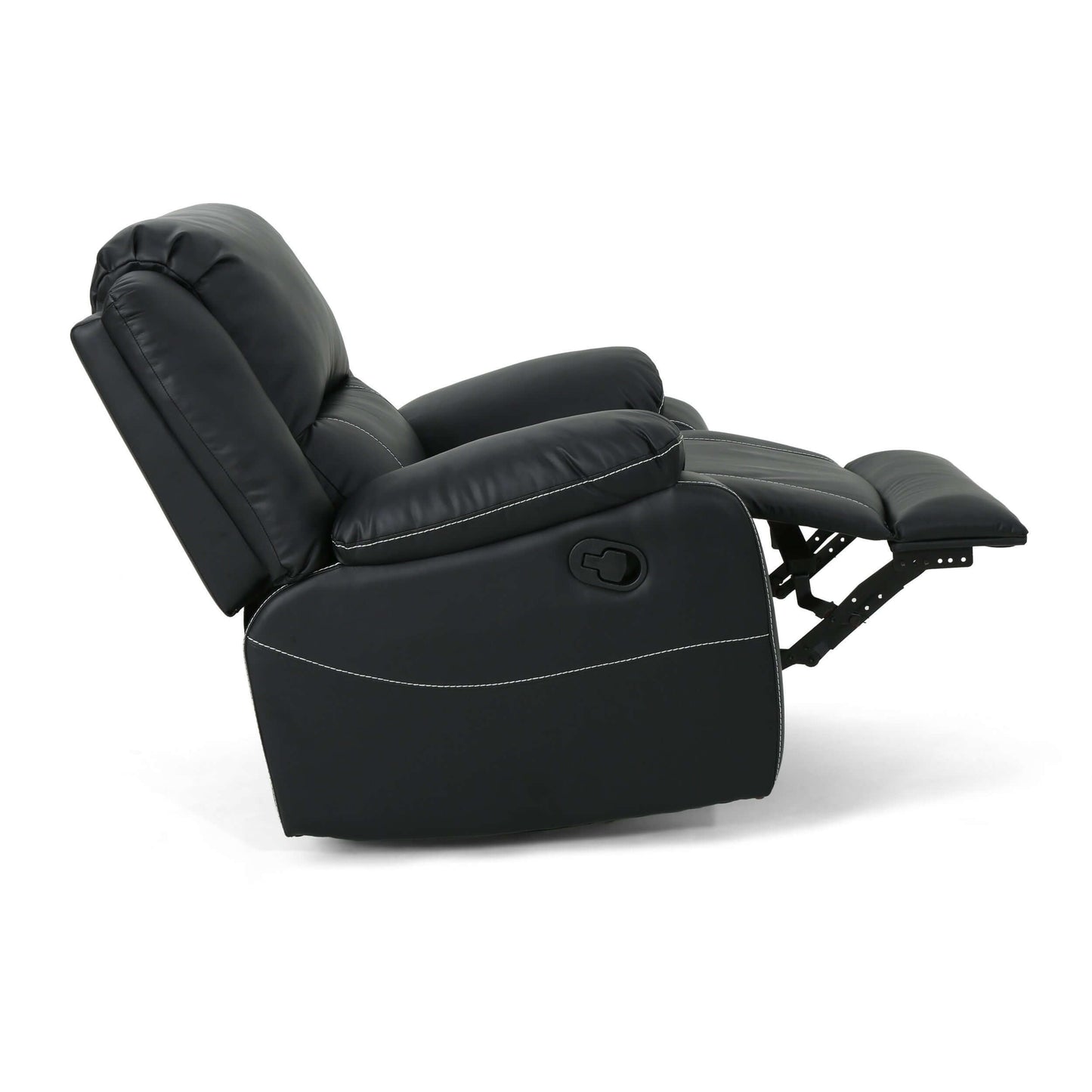 Modern Faux Leather Manual Swivel Recliner (2 Color Options) in black, showcasing reclined position for maximum comfort.
