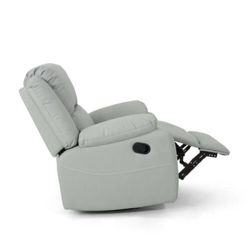 Modern Faux Leather Manual Swivel Recliner (2 Color Options) in light gray, showing reclining position and plush seating.