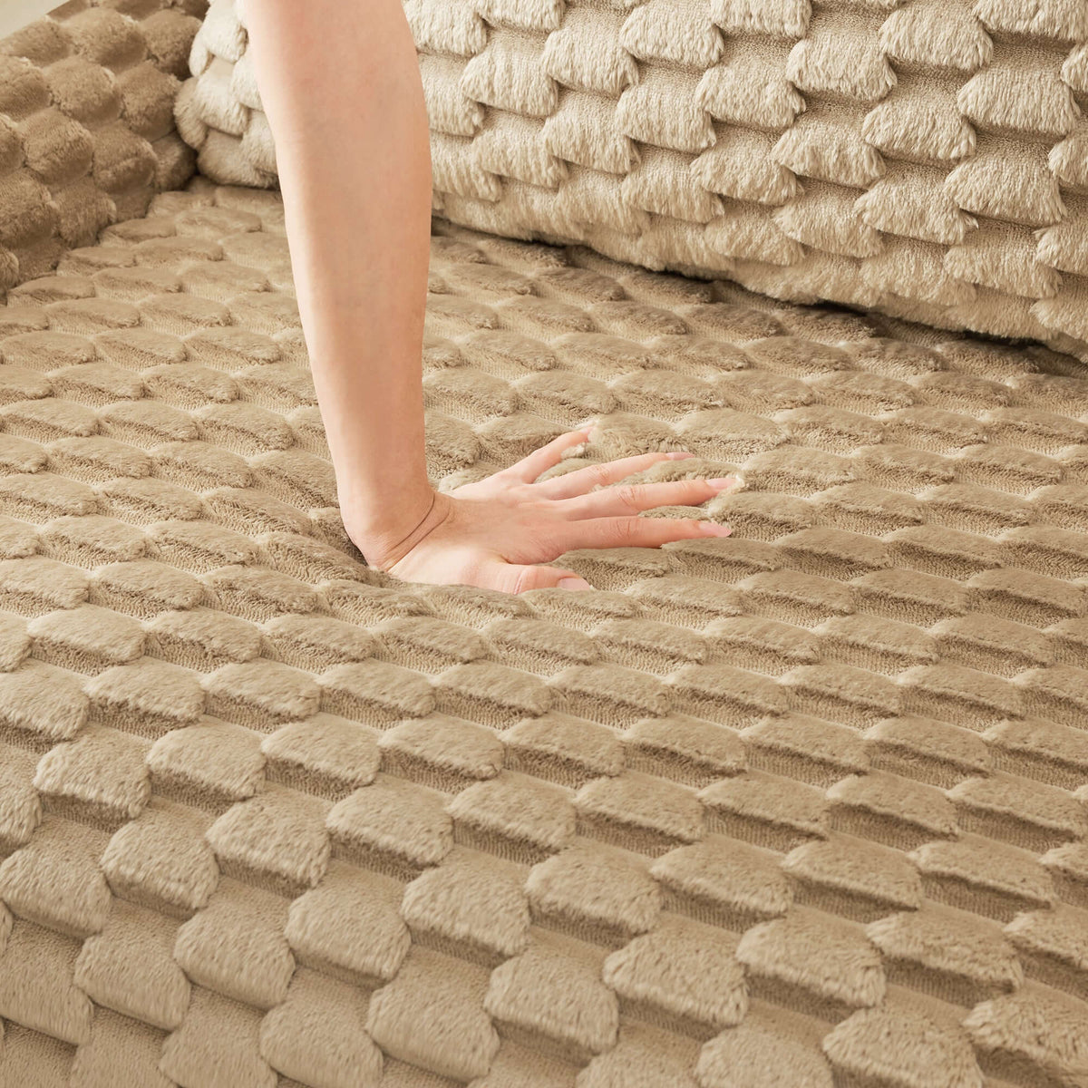 Modern Modular Flannelette Sofa – 82” Boneless Deep Seat Couch showing soft, textured fabric with hand impression.