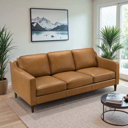 Modern Genuine Leather 3 Seat Sofa 81” – Cooper MCM Tan Leather Couch in a stylish living room setting.