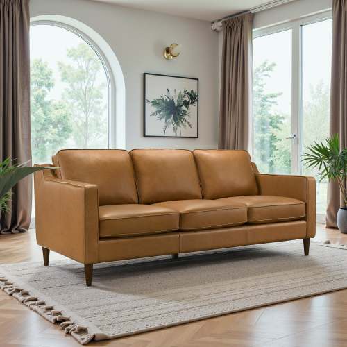 Modern Genuine Leather 3 Seat Sofa 81” – Cooper MCM Tan Leather Couch in a stylish living room setting.