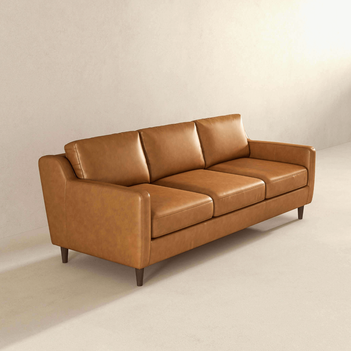 Modern Genuine Leather 3 Seat Sofa 81” – Cooper MCM Tan Leather Couch in a stylish living room setting.