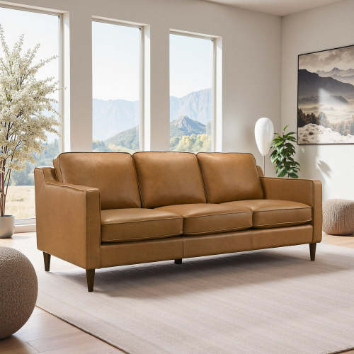 Modern Genuine Leather 3 Seat Sofa 81” – Cooper MCM Tan Leather Couch in a stylish living room setting.