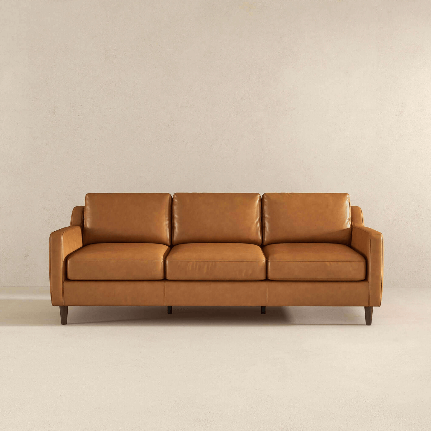 Modern Genuine Leather 3 Seat Sofa 81” – Cooper MCM Tan Leather Couch in a stylish setting.