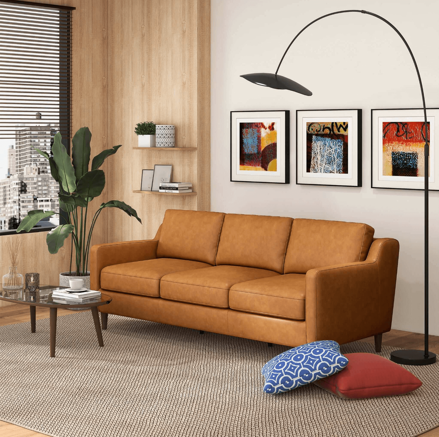 Modern Genuine Leather 3 Seat Sofa 81” – Cooper MCM Tan Leather Couch in a stylish living room setting.