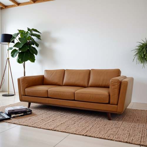 A modern living room with the Ashcroft Furniture Chase MCM Genuine Leather Sofa 91 on a woven rug, a fiddle leaf fig in a pot, hanging fern, black floor lamp, books on the floor, all set against a white wall.
