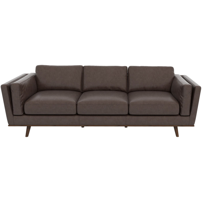 The Ashcroft Furniture Chase MCM Genuine Leather Sofa 91 features three seat and back cushions, angled wooden legs, and a modern dark brown finish for mid-century style, shown from the front against a white background.