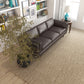 A modern living room features the Ashcroft Furniture Chase MCM Genuine Leather Sofa 91 in dark brown, a large potted plant, beige woven rug, bookshelves with decor, and a window with white curtains letting in natural light.