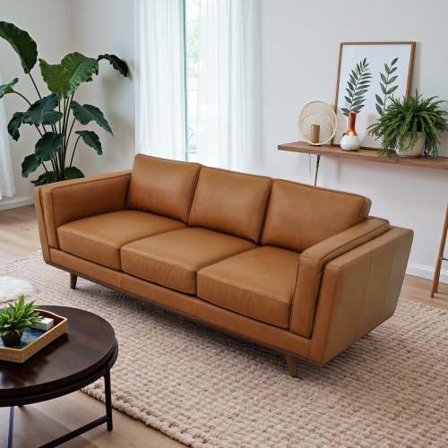 A modern living room featuring the Ashcroft Furniture Chase MCM Genuine Leather Sofa 91 on a textured beige rug, a round coffee table with plants, a wooden console table with decor, and large green plants by bright windows with white curtains.