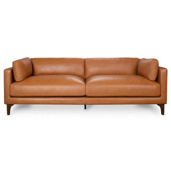 Bellrose MCM Genuine Leather Sofa 93W in rich tan leather with solid walnut legs, showcasing mid-century modern style.