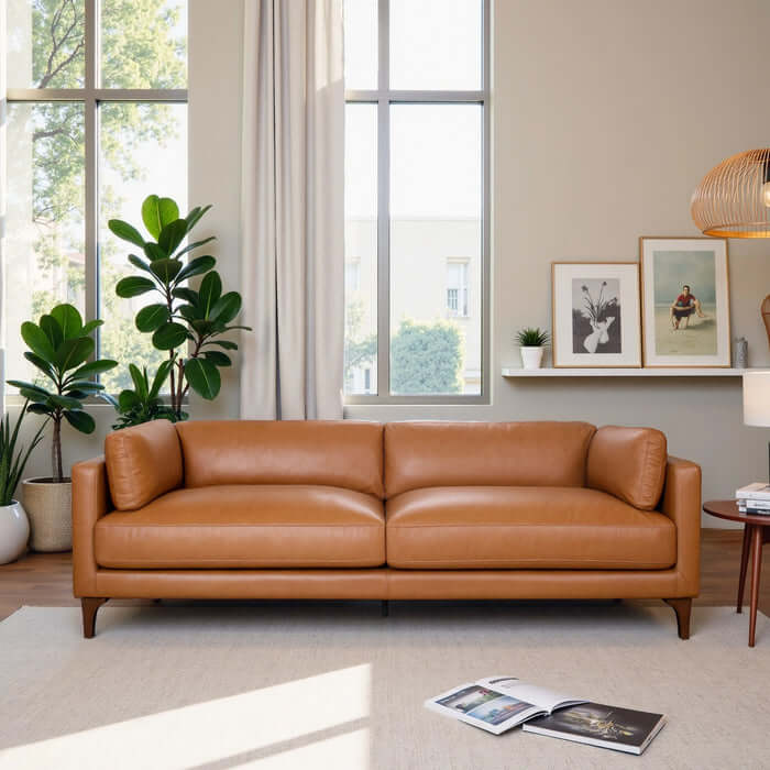 Bellrose MCM Genuine Leather Sofa 93W in a stylish living room with natural light and contemporary decor.