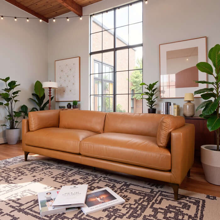 Bellrose MCM Genuine Leather Sofa 93W in a stylish living room with plants and natural light.