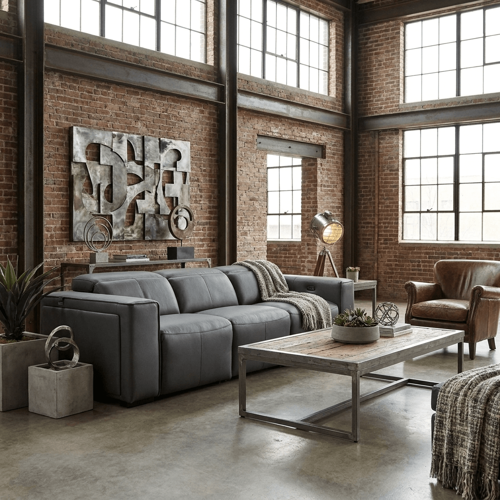 104" Top Grain Leather Reclining USB Sofa with Storage | Modern Recliner Couch in a stylish living room setting.