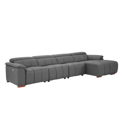 Wall-Hugger Power Reclining Leather Sectional – 4 Seat L-Shape Recliner Sofa with USB (144") in grey upholstery.