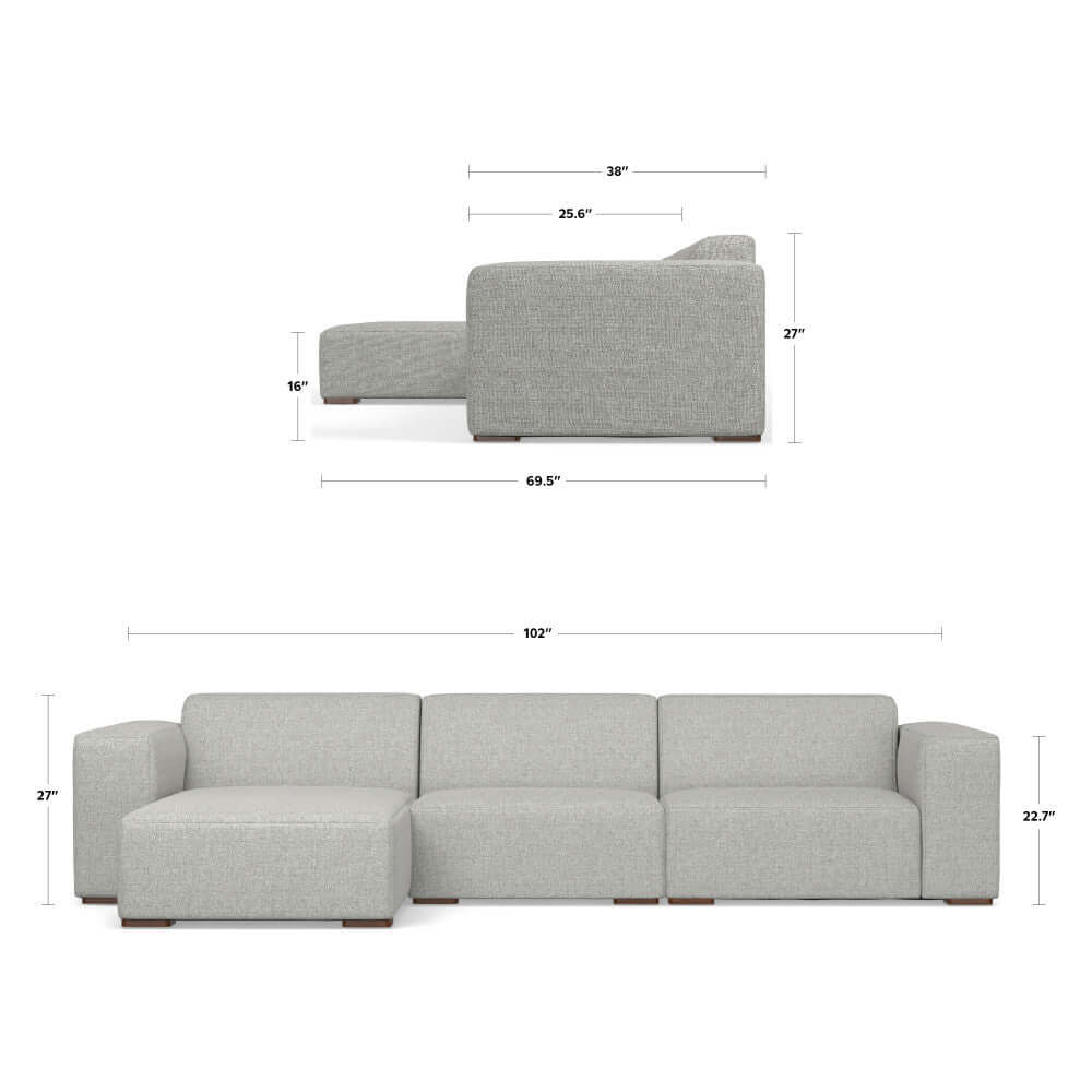 Modern Gray Sectional Sofa with Chaise – 122" Contemporary Couch (Seats 4) dimensions and layout