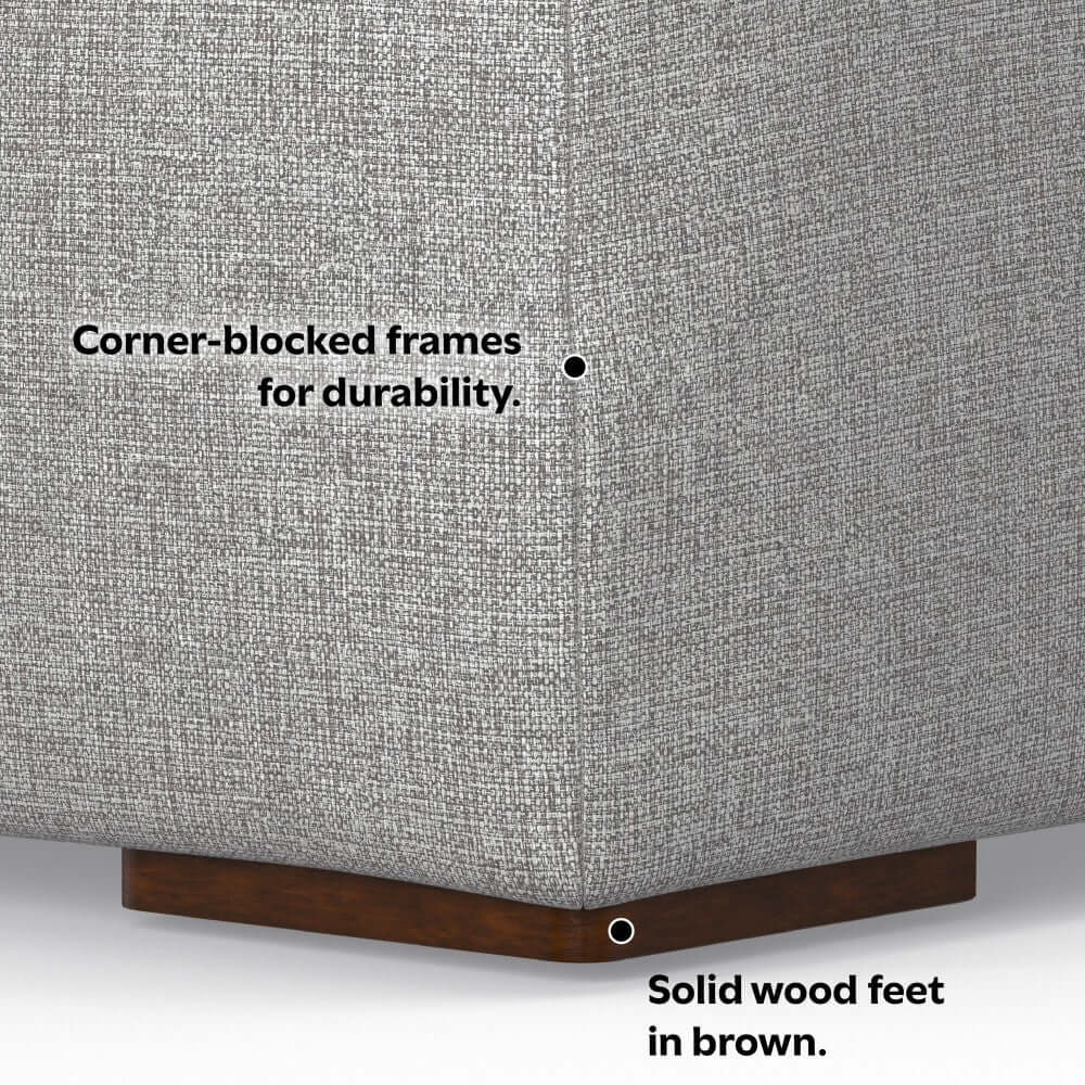 Close-up of Modern Gray Sectional Sofa with Chaise – 122" Contemporary Couch (Seats 4) showing corner-blocked frame and solid wood feet.