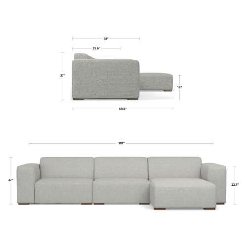 Modern Gray Sectional Sofa with Chaise – 122" Contemporary Couch (Seats 4) dimensions and design details.