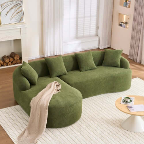 Boneless Modular Chenille Sectional Sofa – 99” Curved Chaise Compression Couch (White) in green color.