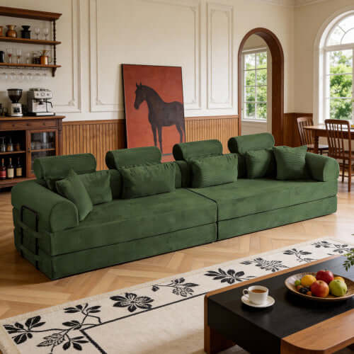 Modern Corduroy Sleeper Sectional – L-Shape Modular Sofa Bed (106” Convertible Couch) in green fabric with cozy cushions.