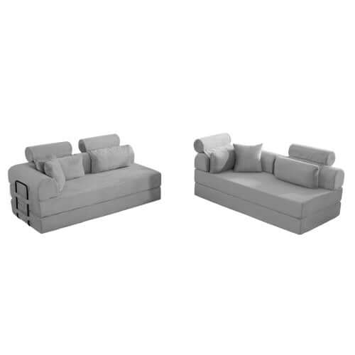 Modern Corduroy Sleeper Sectional – L-Shape Modular Sofa Bed (106” Convertible Couch) in gray with removable cushions.
