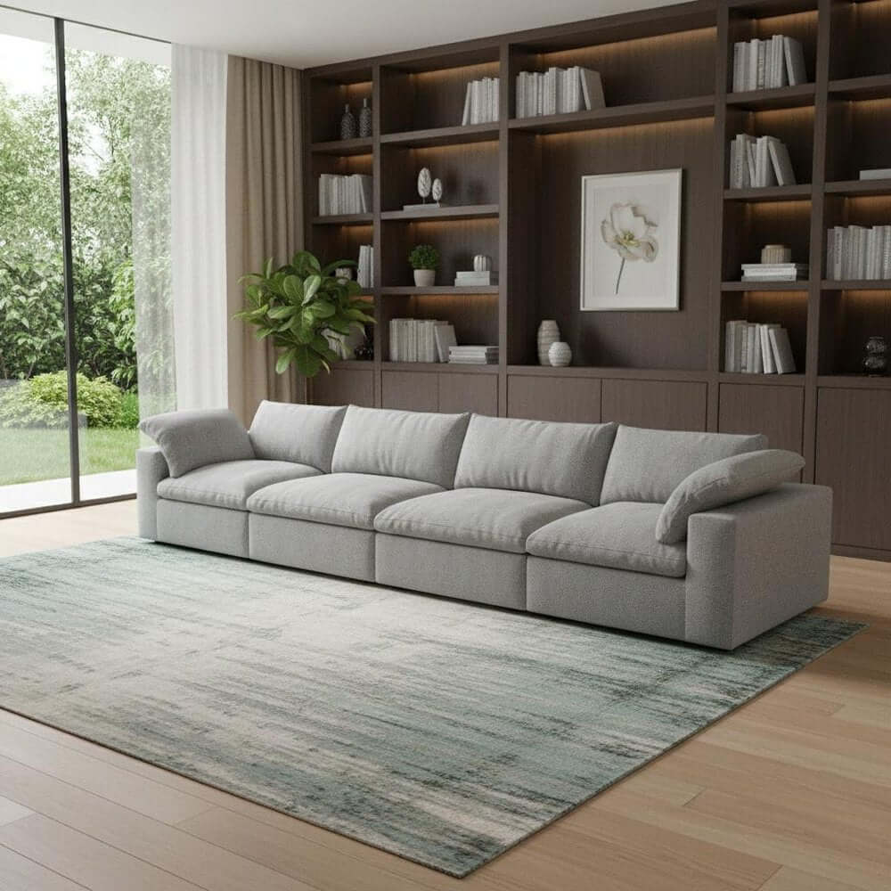 160" White Linen Blend Modular Sofa With Toss Pillows in a modern living room setting.