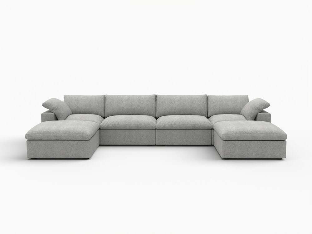 160" White Linen Blend Modular Sofa With Ottomans Toss Pillows And Storage in modern design and grey upholstery.