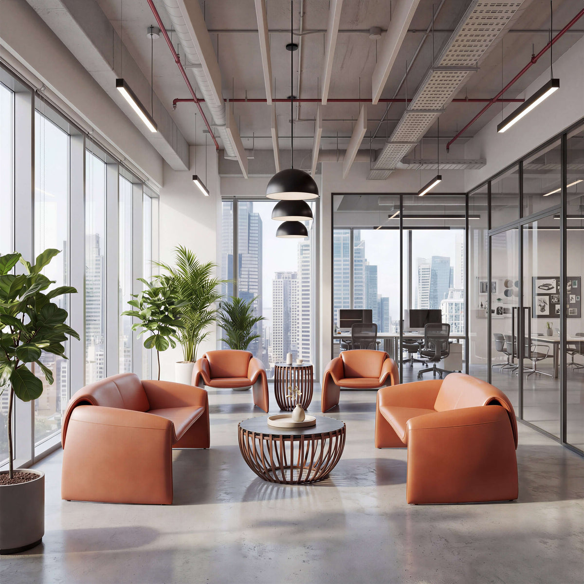 Horten Industrial Loveseat – 70” Modern Sofa with Steel Frame in a stylish office setting with city views.