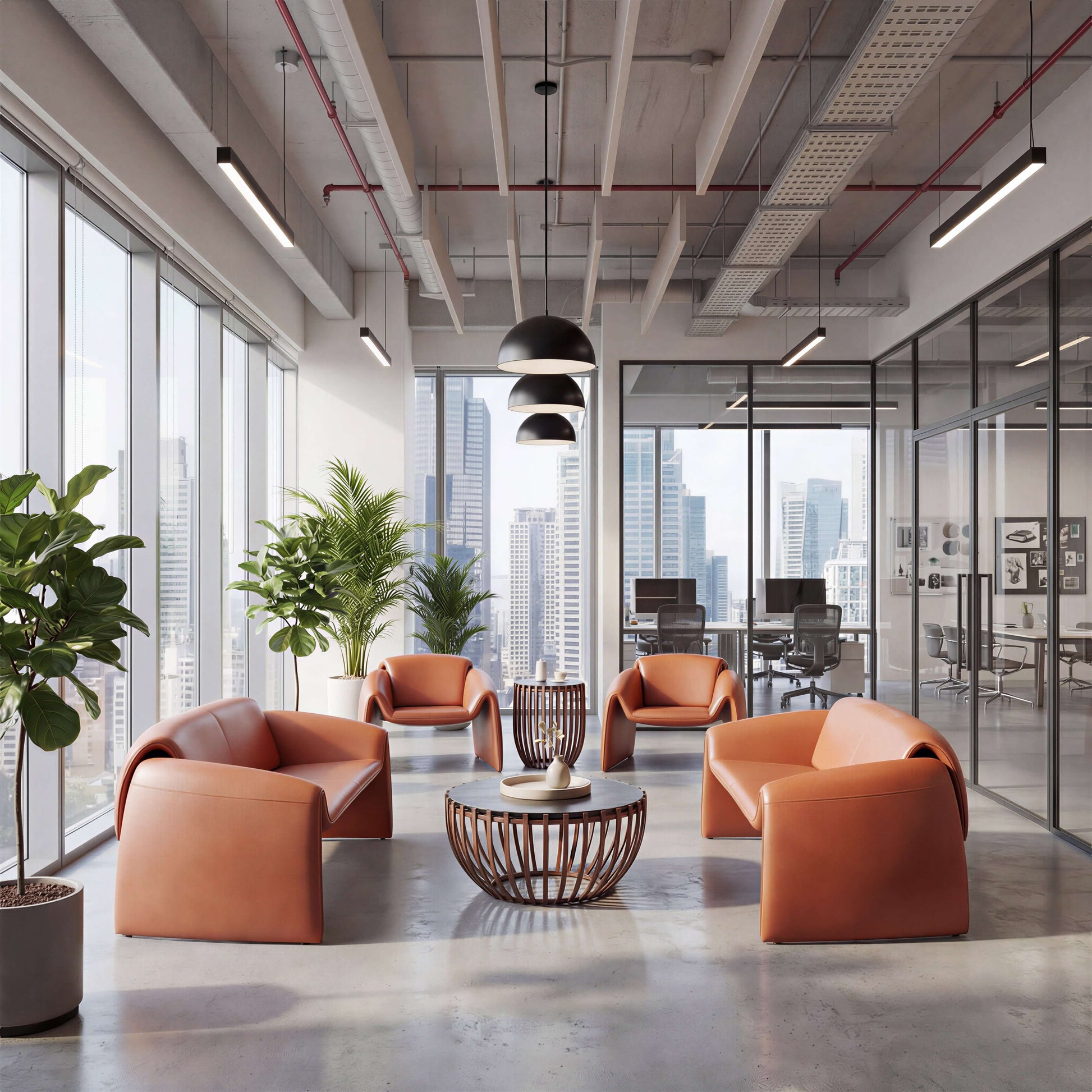 Horten Industrial Loveseat – 70” Modern Sofa with Steel Frame in a stylish office setting with city views.