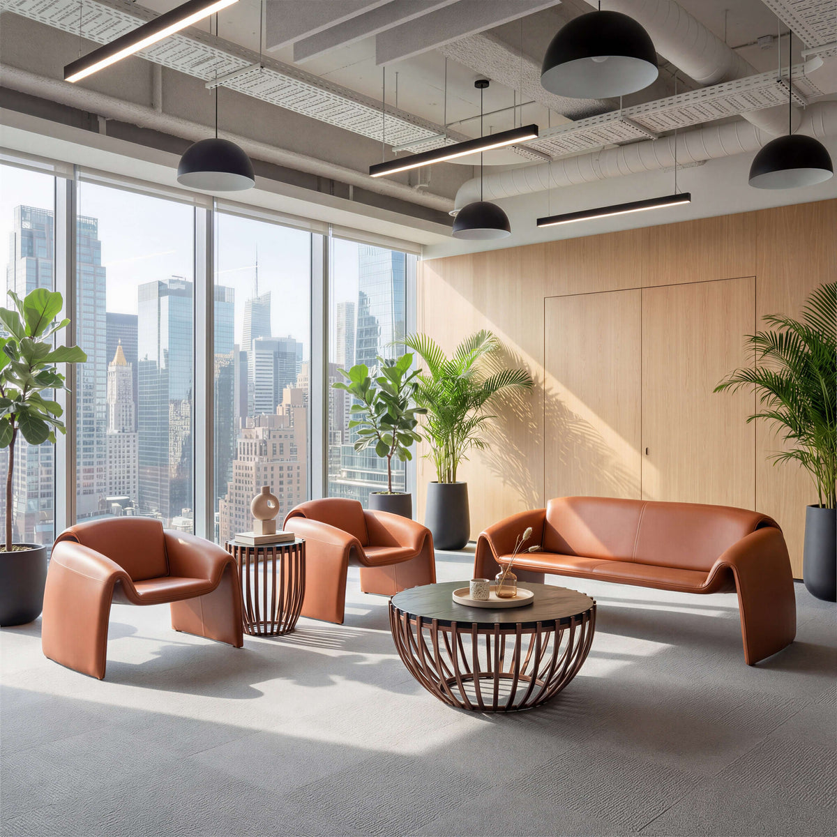 Horten Industrial Loveseat – 70” Modern Sofa with Steel Frame in a stylish office setting with large windows and city views.